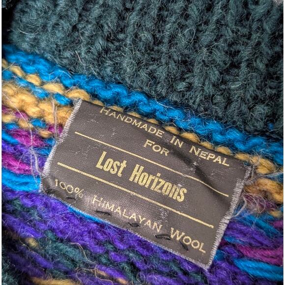 Vtg Lost horizons hand woven wool unisex button up sweater sz L colorful striped - Picture 5 of 5